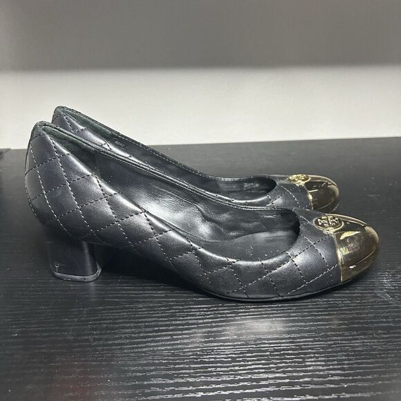 Tory Burch Kaitlin Cap Toe Pumps Black Quilted Leather Women’s Size 7 - Picture 1 of 12